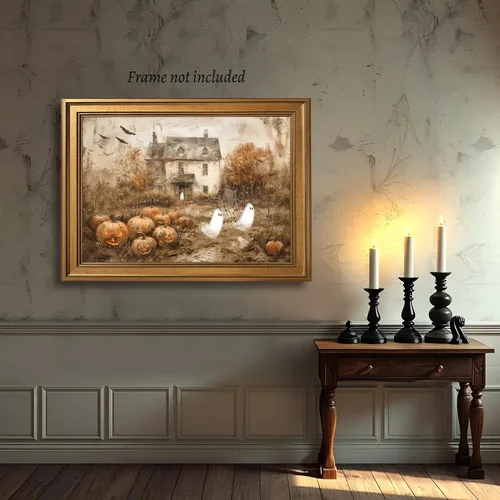 Vista 5 de Arte de pared vintage de Halloween embrujado de granja, parche de calabaza rústica con bonitos fantasmas, póster impreso en lienzo espeluznante