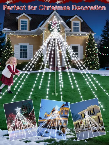 Vista 6 de Luces de árbol de Navidad para exteriores, 340 luces LED de decoración de Navidad con estrella superior, luz de Navidad impermeable IP67 con 16