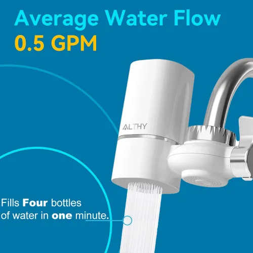 Vista 4 de ALTHY Filtro de agua para grifo, purificador de agua sin BPA, certificado que reduce el cloro, metales pesados y mal sabor, solo se adapta a grifo