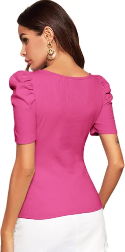 Vista 2 de WDIRARA - Camiseta elegante para mujer, con manga corta abombada y cuello cuadrado