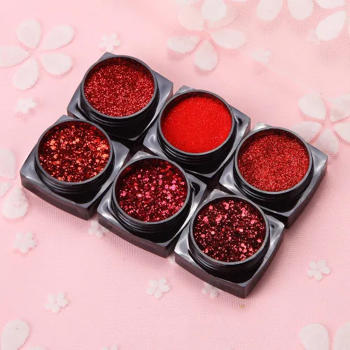 Vista 2 de Juego de 6 cajas de lentejuelas con purpurina para arte de uñas, polvo de diamante de cristal rojo, 3D, holográfico, escamas brillantes, juego
