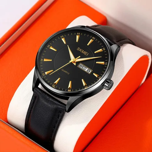 Vista 5 de SKMEI Relojes de cuero negro moda vestido clásico casual simple luz analógica impermeable día fecha calendario papá padres regalos oro reloj