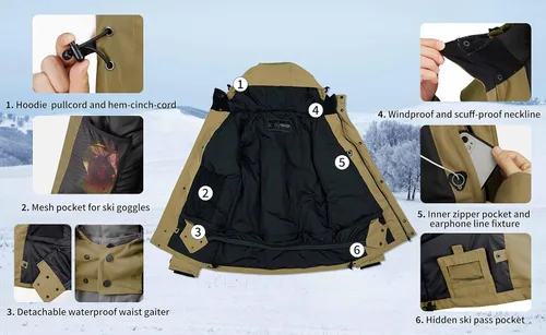 Vista 5 de Actleis Chaqueta de snowboard impermeable para hombre, abrigo de nieve cálido a prueba de viento con capucha