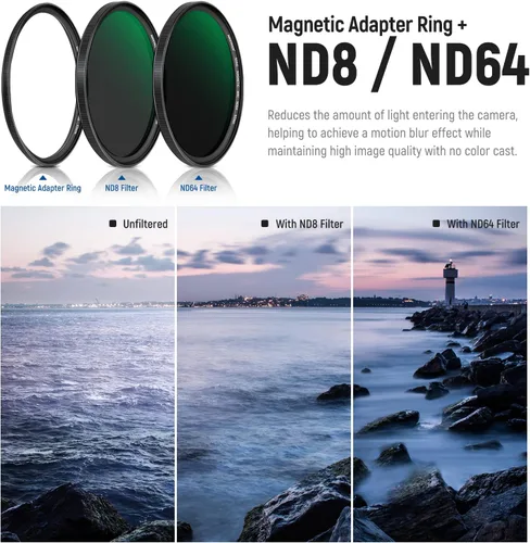 Vista 7 de NEEWER Juego de filtros magnéticos de lente ND 5 en 1 de 2.441 in, filtro de difusión negra 1/4, anillo adaptador magnético GND8, ND8, ND64, vidrio