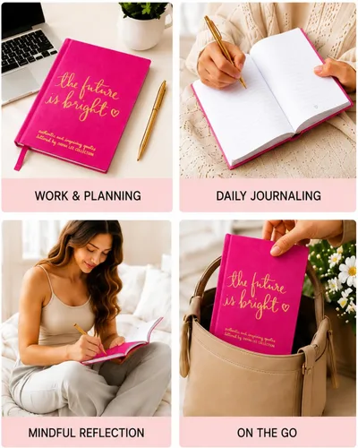 Vista 3 de WORLD TRAVELER Cuaderno inspirador de tapa dura, diario de citas para mujer, cuaderno plano de piel sintética "The Future is Bright", colección