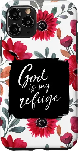 Vista 29 de God is My Refuge - Carcasa para iPhone 16, diseño de flores rojas con versículo bíblico del Salmo 91