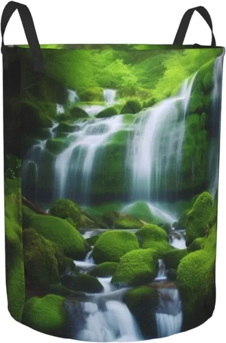 Vista 2 de Waterfall Green print Circular Hamper Waterproof Storage Bin Organizer Basket Laundry Hamper With Handles For Clothes Toys Small