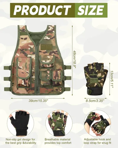 Vista 2 de SATINIOR Chaleco táctico para niños, chaleco de combate del ejército al aire libre con medio dedo, guantes cortos transpirables