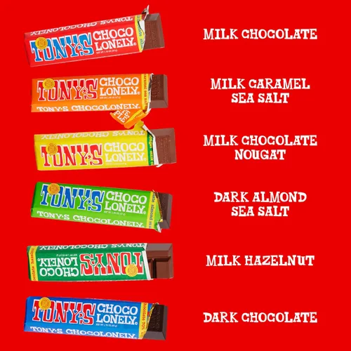 Vista 12 de Tony’s Chocolonely - Paquete de variedad de barras de chocolate arcoíris, chocolate belga oscuro y con leche con sal marina, caramelo, almendra