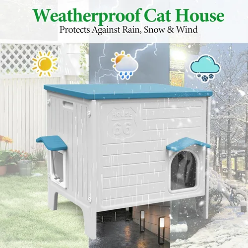 Vista 6 de Deblue Casa de Gatos al Aire Libre Resistente a la Intemperie Grande de Plástico con Puerta de Escape para Gatos Interiores Impermeable Refugio