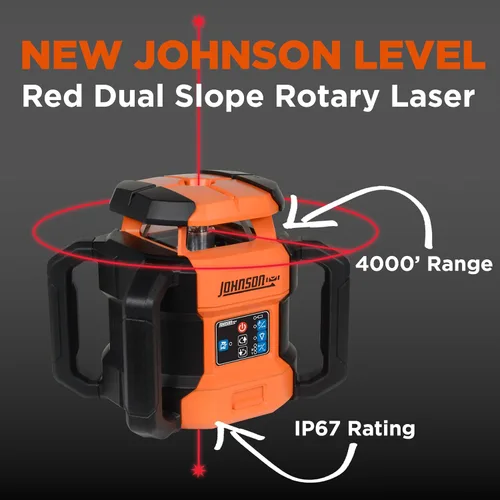 Vista 2 de Johnson Level & Tool JRT300-RDHV-K Kit de láser rotativo autonivelante rojo de doble pendiente, rango de 4,000 pies, estuche de transporte
