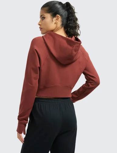 Vista 2 de CRZ YOGA Sudadera corta con capucha de forro polar con cremallera para mujer, para entrenamiento, atlética, casual, manga larga, con agujeros