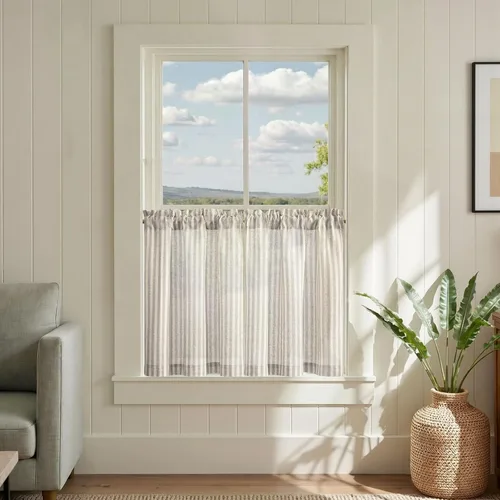 Vista 31 de Jinchan - Cortinas de lino a rayas para cocina, 24 pulgadas, beige, 2