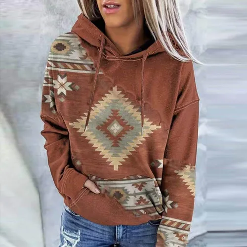Vista 2 de Ceboyel Women Western Aztec Hoodies Drawstring Sweatshirt Pullover Ethnic Vintage Graphic Shirts Tops Causal Fall Clothes
