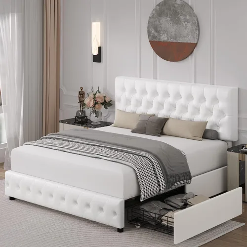 Vista 9 de TTVIEW Base de cama de tamaño matrimonial con 4 cajones de almacenamiento y cabecera ajustable, plataforma tapizada con diseño capitoné, soporte