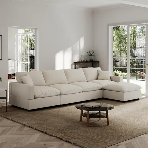 Vista 59 de Sofá seccional moderno de lino en forma de L para sala de estar, sofás modulares con relleno de plumón, fundas de cojín de sofá desmontables, sofá