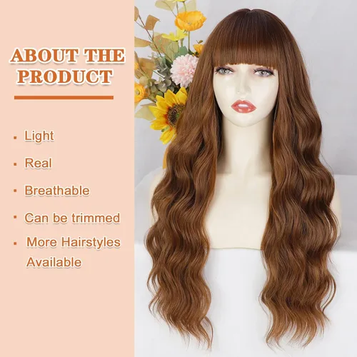 Vista 6 de Lativ Peluca castaña con flequillo para mujer, larga, ondulada, sintética Beginner Friendly,Natural Looking,Silky Smooth Texture,Heat Resistant