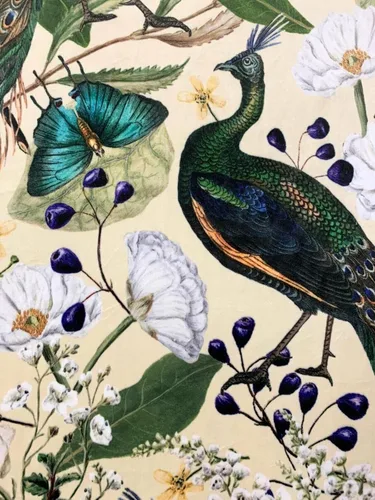 Vista 5 de The Meter - Tela de terciopelo de pavo real, color crema, material de costura floral de lujo, por yarda, estampado de pájaros, patrón de flores