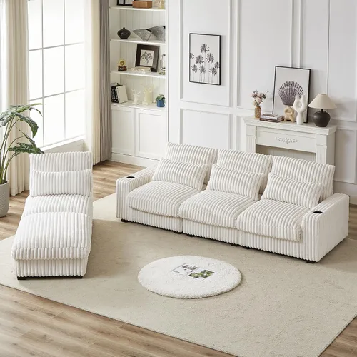 Vista 3 de Sofá cama modular de pana de 126 pulgadas de gran tamaño con portavasos, sofá cama convertible de 4 plazas con puerto de carga USB y cojines de Beige