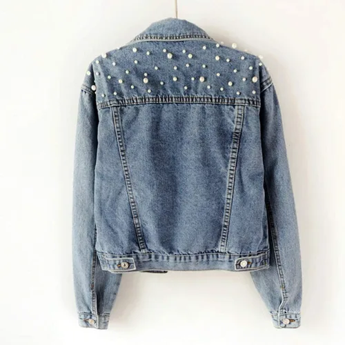 Vista 2 de Hixiaohe Chaqueta de mezclilla recortada con perlas bordadas sueltas para mujer