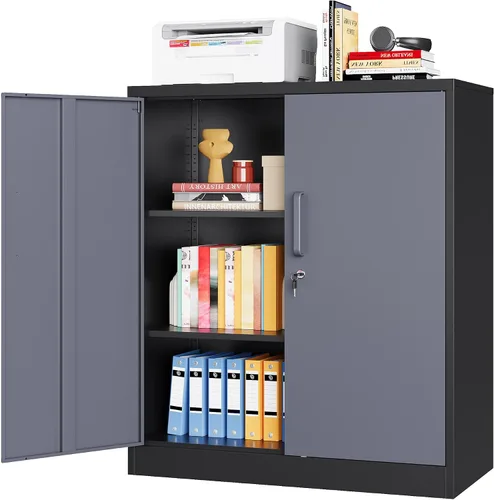 Vista 21 de Armario de almacenamiento de metal con 2 puertas y estantes ajustables, armario de metal ancho, gabinete de almacenamiento bajo, gabinete de acento
