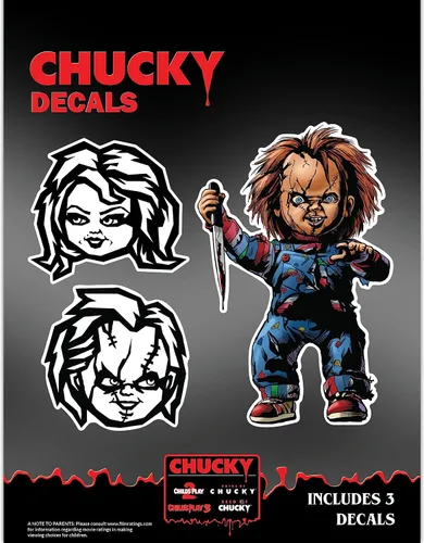 Vista 8 de Chucky Doll - Juego de 3 calcomanías de vinilo para coche, vaso, botella de agua, laptop, Halloween, terror, coche, calcomanías de cara de muñeca