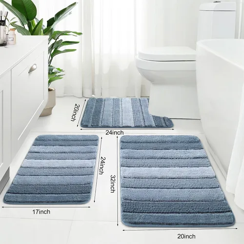 Vista 2 de Kmson Juego de 3 alfombras de baño de chenilla ombré, antideslizantes, ultra suaves, lavables, alfombras de baño peludas para bañera, tapete de Azul