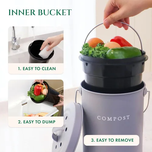 Vista 4 de FINESSY - Cubo de compost interior sin olor para cocina con tapa para compostar residuos de alimentos, cubo de compost de cocina de acero inoxidable