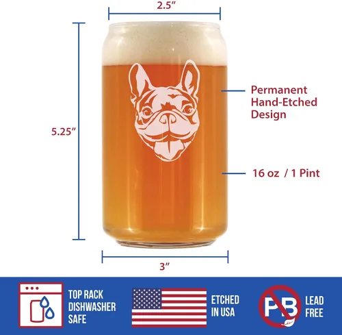 Vista 4 de Happy Frenchie - Vaso de cerveza – Decoración divertida y única con temática de perro bulldog francés y regalos para hombres y mujeres, 16 onzas