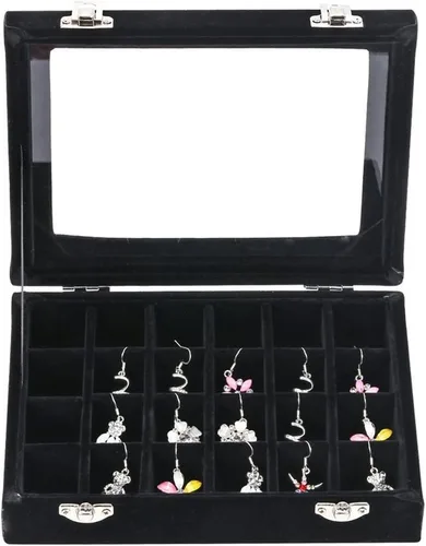 Vista 2 de LANTWOO 24 rejillas de terciopelo anillo de cristal pendientes caja de joyería organizador de pendientes soporte de almacenamiento vitrina