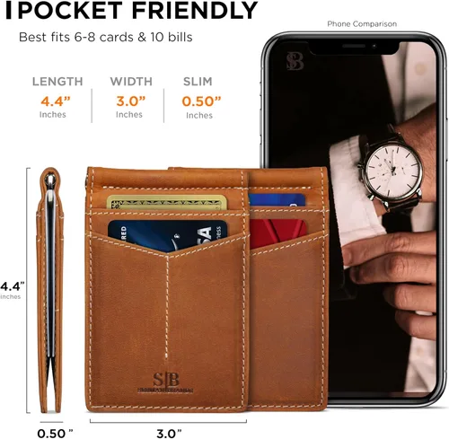 Vista 2 de SERMAN BRANDS RFID Blocking Wallet Slim Bifold - Genuine Leather Minimalist Front Pocket Wallets for Men with Money Clip Gift California Desert