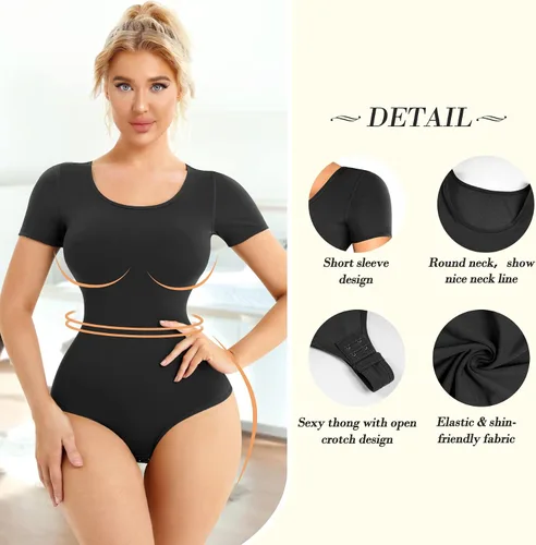 Vista 3 de Irisnaya - Leotardo para mujer con control de abdomen moldeador tanga cuello redondo y manga corta