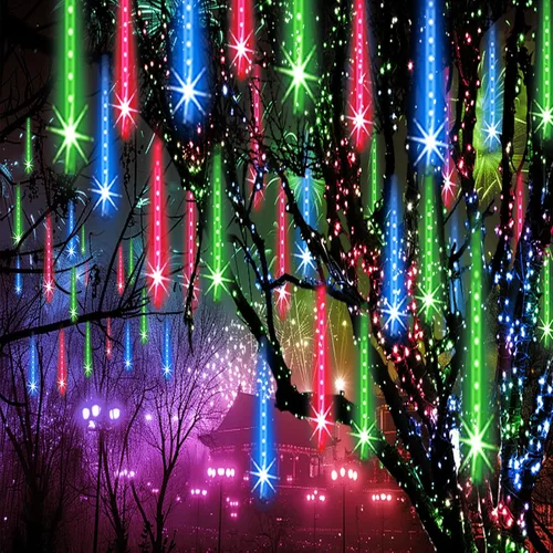 Vista 8 de Luces de lluvia de meteoros al aire libre, luces navideñas, 24 tubos, 576 LED, efecto de caída de nieve, lluvia en cascada, carámbanos, luz
