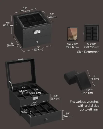 Vista 6 de SONGMICS Caja de reloj de 16 ranuras, caja de reloj con tapa de vidrio, 2 capas, vitrina de reloj con cerradura, cuero sintético negro, forro negro