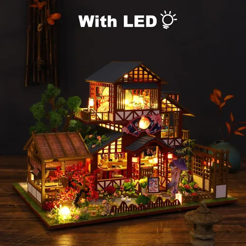 Vista 5 de Kit de casa en miniatura, pequeño restaurante japonés Sakura de madera 3D, kit de construcción de mini casa de muñecas con cubierta a prueba