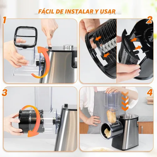 Vista 5 de Rallador de queso eléctrico Anatole de acero inoxidable, triturador de vegetales de 6 cuchillas, 250W, entrada y salida grandes, libre de BPA, 110V