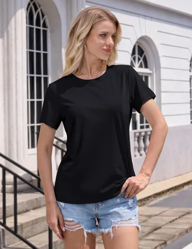 Vista 5 de MAGCOMSEN Camisetas de algodón para mujer de manga corta con cuello redondo, camisetas de ajuste clásico y transpirables de verano a1-Negro