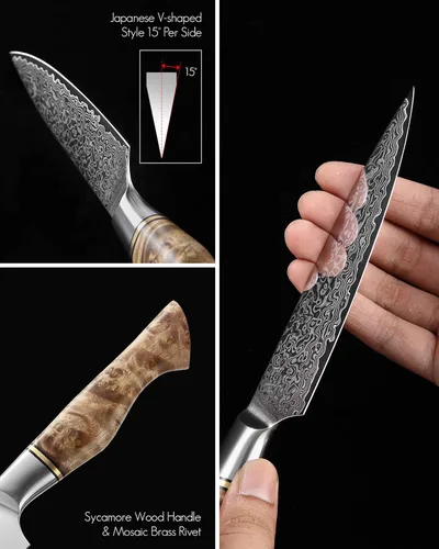 Vista 4 de HEZHEN Cuchillo utilitario de 5 pulgadas con filo de navaja - Acero de Damasco con patrón de rosa multifuncional VG10 cuchillo profesional