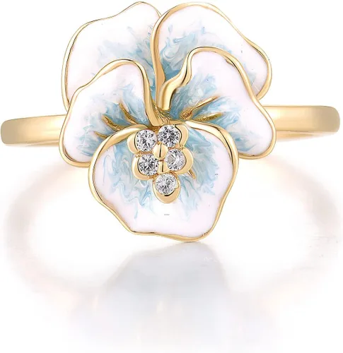 Vista 9 de Santuzza Anillo de diamante genuino de flor esmaltada de oro sólido amarillo de 10 quilates para mujer