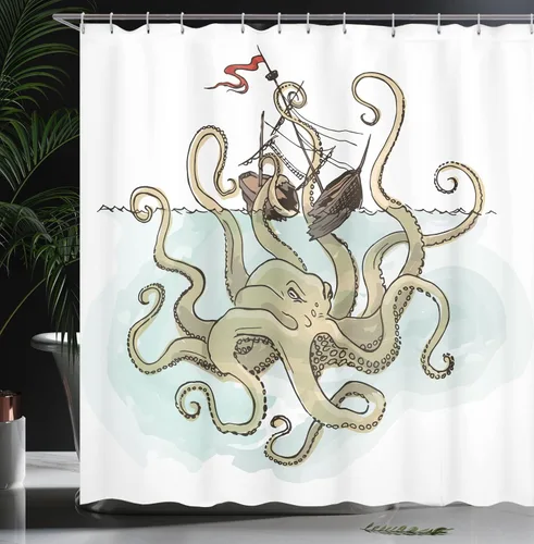 Vista 3 de Ambesonne Kraken - Cortina de ducha, pulpo hundiendo los barcos pirata, mito griego, cultura de peces, imagen artística de dibujos animados, juego