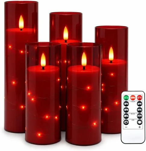 Vista 14 de Da by Paquete de 3 velas cónicas de acrílico transparente rojo sin llama, velas LED parpadeantes de mecha negra con cadena de luces de hadas, velas