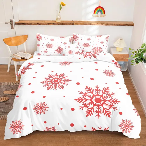 Vista 18 de Juego de ropa de cama de Navidad con funda de edredón de copos de nieve, color blanco y rojo, con estampado navideño, juego de ropa de cama festiva