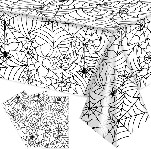 Vista 8 de Labeol Paquete de 3 manteles de Halloween, 108 x 54 pulgadas, manteles de Halloween negros, desechables, impermeables, de plástico, rectangular
