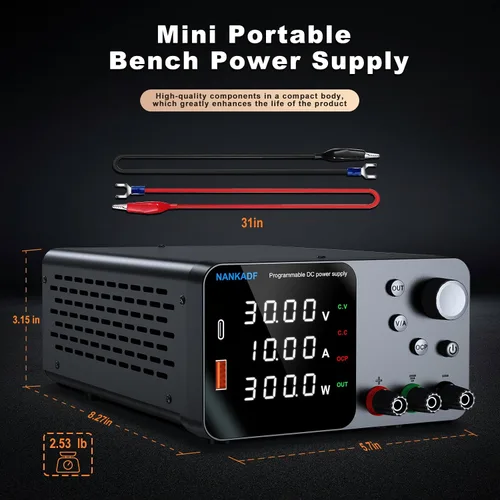 Vista 6 de Fuente de alimentación DC, fuente de alimentación de banco 30V 10A con ajuste de codificador, carga rápida USB&Type-C 5V/3.6A, fuentes