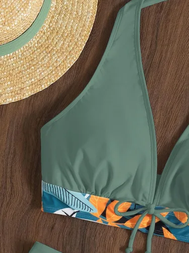 Vista 3 de MakeMeChic Conjunto de bikini de 2 piezas con parte superior halter y estampado floral para mujer