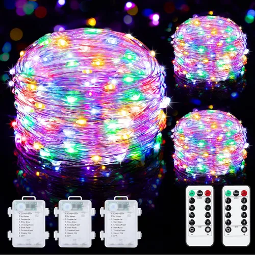 Vista 11 de Mlambert Paquete de 3 luces de hadas de 33 pies, funciona con pilas con control remoto y temporizador, impermeable, regulable, 8 modos, 100 luces