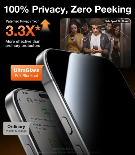 Vista 3 de UltraGlass Protector de pantalla de privacidad de vidrio 9H+ para iPhone 15 Pro Max [armadura de privacidad invisible], protector de pantalla S24