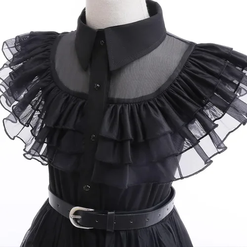Vista 4 de Xinfenglai Wednesday Addams - Vestido de baile negro con cinturón, vestido de cosplay, juego de simulación, disfraz de fiesta de Halloween para niñas