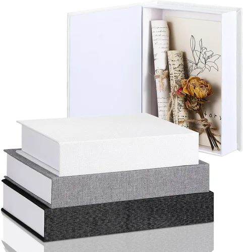 Vista 11 de Tioncy Caja de libros falsos de lino neutro, 3 piezas, decoración de imitación para decoración del hogar, estantes, mesa, tarjetas, fotos, regalo