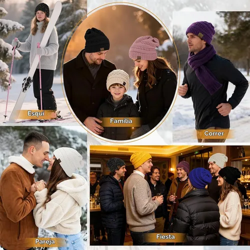 Vista 6 de Durio - Gorros de punto para mujer - Gorros holgados unisex, cálidos para invierno, suaves, transpirables y acogedores, con puño elástico de punto